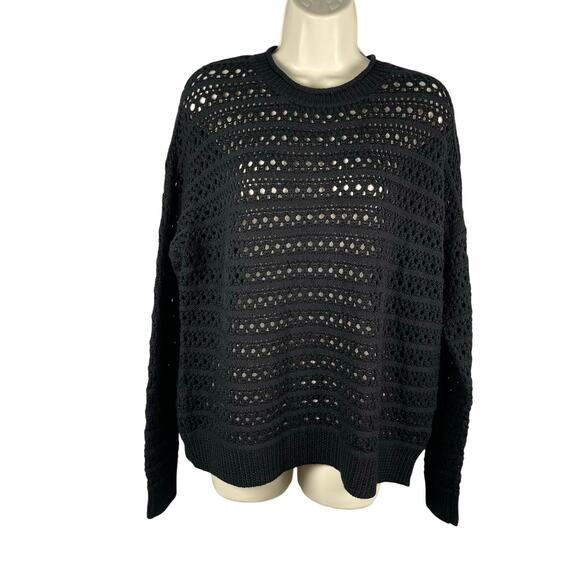 J Brand Sweater Womens Medium Black Crochet Knit Merino Wool Rolled Crew Neck - Picture 1 of 8